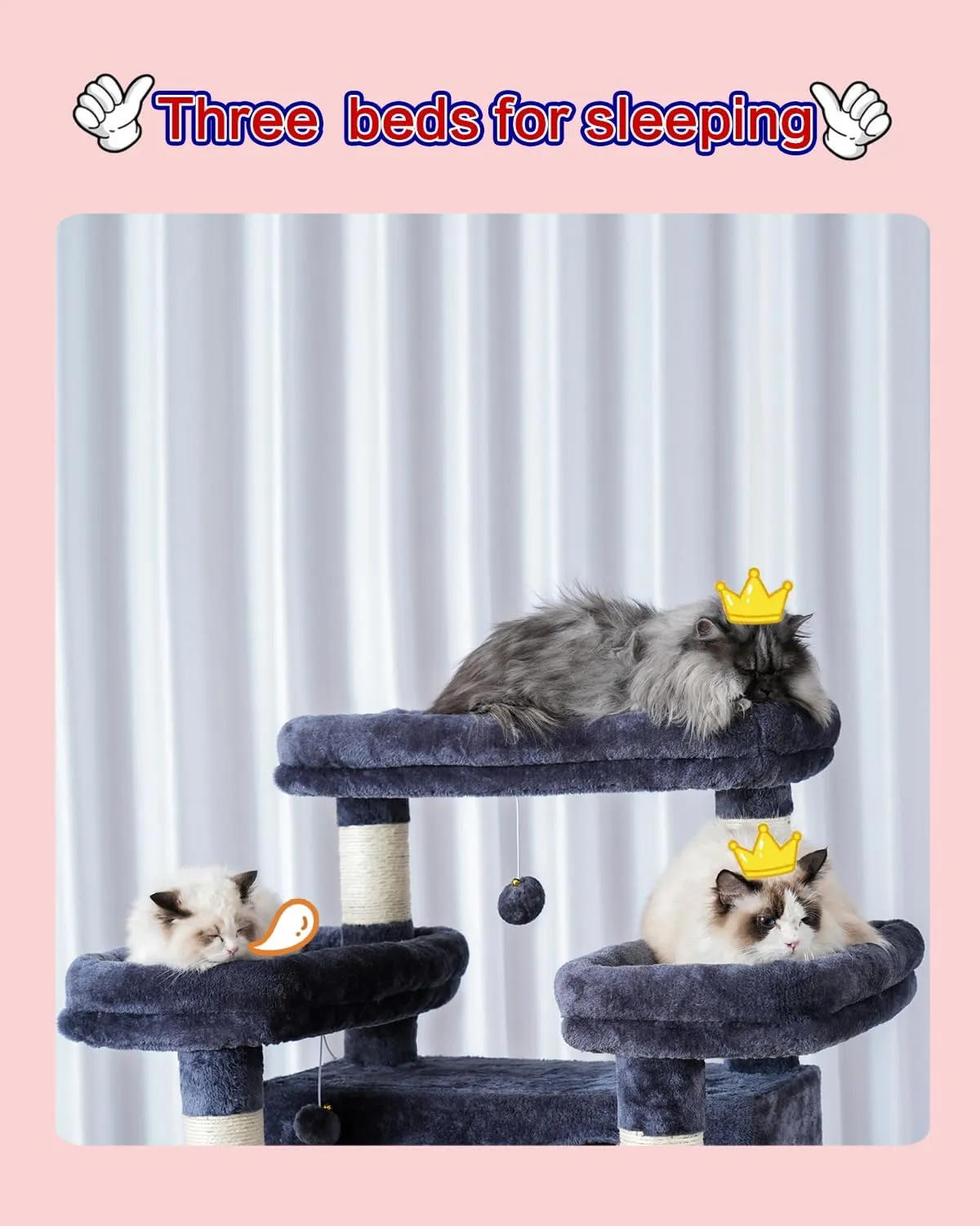 Cat Tree for Indoor Cats Large Adult, 74" Cat Tower with 3 Big Platforms, 2 Baskets, 2 Condos, Multi-Level Cat Scratching Posts, Smoky Gray GCT030G