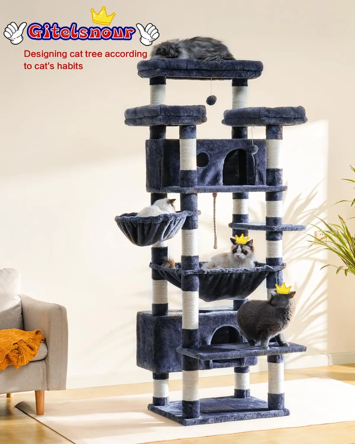 Cat Tree for Indoor Cats Large Adult, 74" Cat Tower with 3 Big Platforms, 2 Baskets, 2 Condos, Multi-Level Cat Scratching Posts, Smoky Gray GCT030G