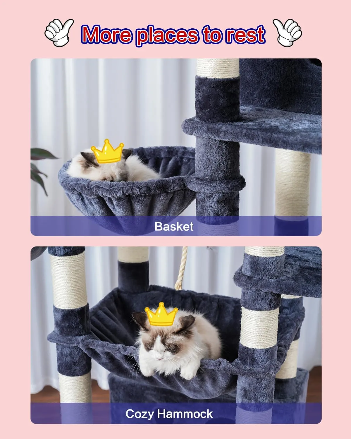 Cat Tree for Indoor Cats Large Adult, 74" Cat Tower with 3 Big Platforms, 2 Baskets, 2 Condos, Multi-Level Cat Scratching Posts, Smoky Gray GCT030G