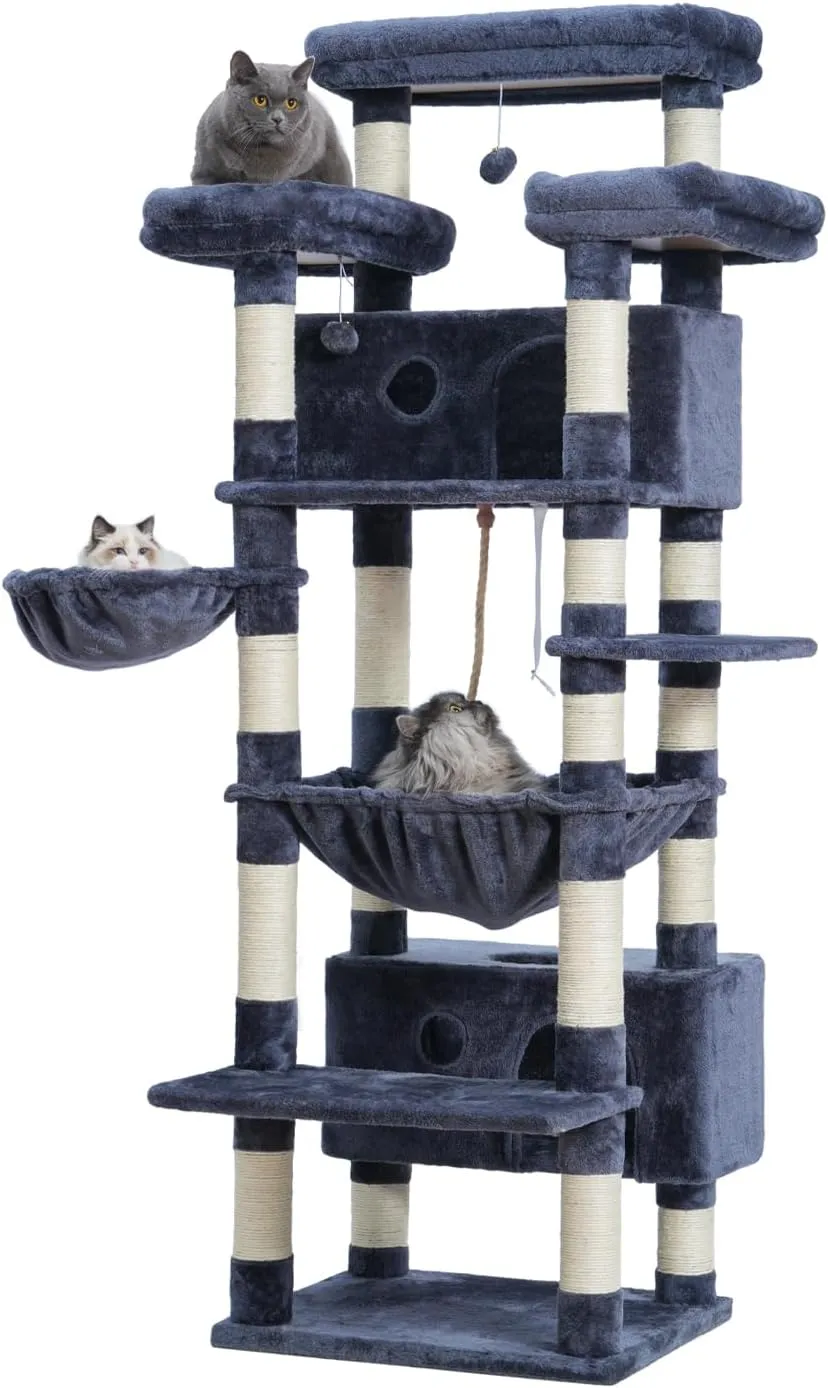 Cat Tree for Indoor Cats Large Adult, 74" Cat Tower with 3 Big Platforms, 2 Baskets, 2 Condos, Multi-Level Cat Scratching Posts, Smoky Gray GCT030G