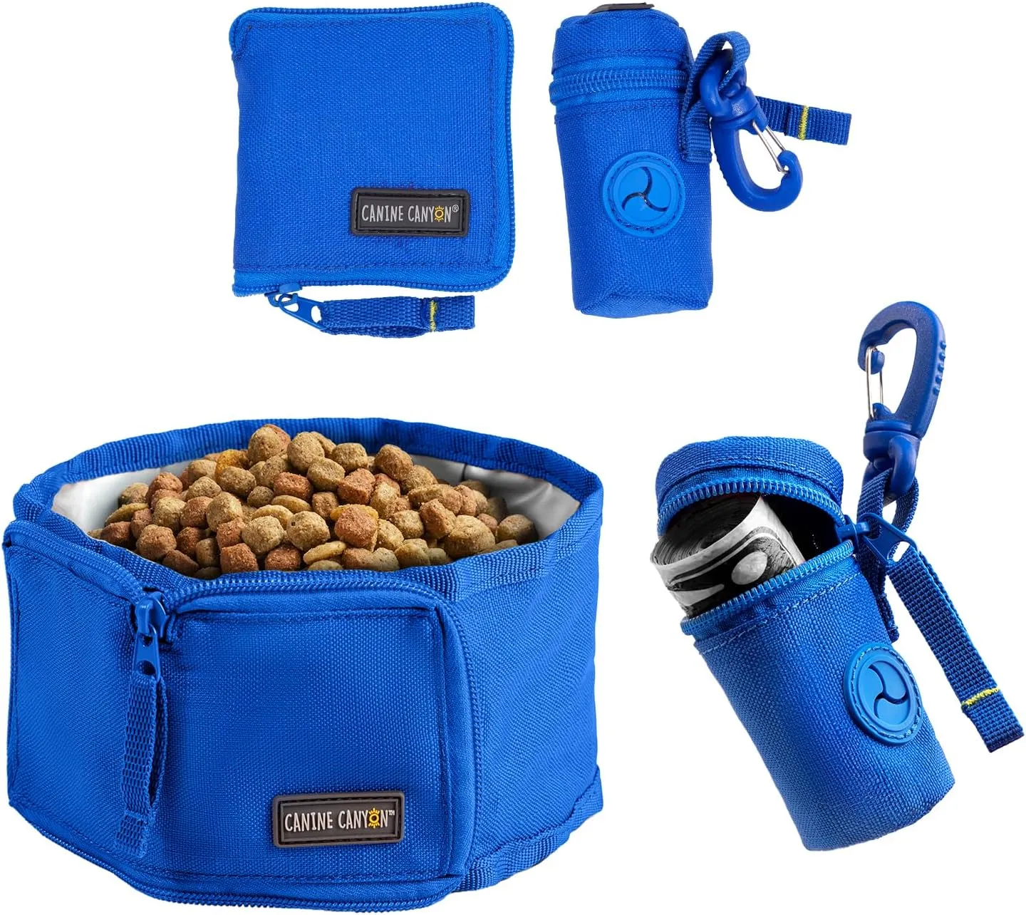 Collapsible Dog Bowl and Poop Bag Holder Set, Foldable Pet Travel Bowl for Food and Water While Traveling, Camping, Hiking, Portable Dog Waste Bags Dispenser Attaches to Leash