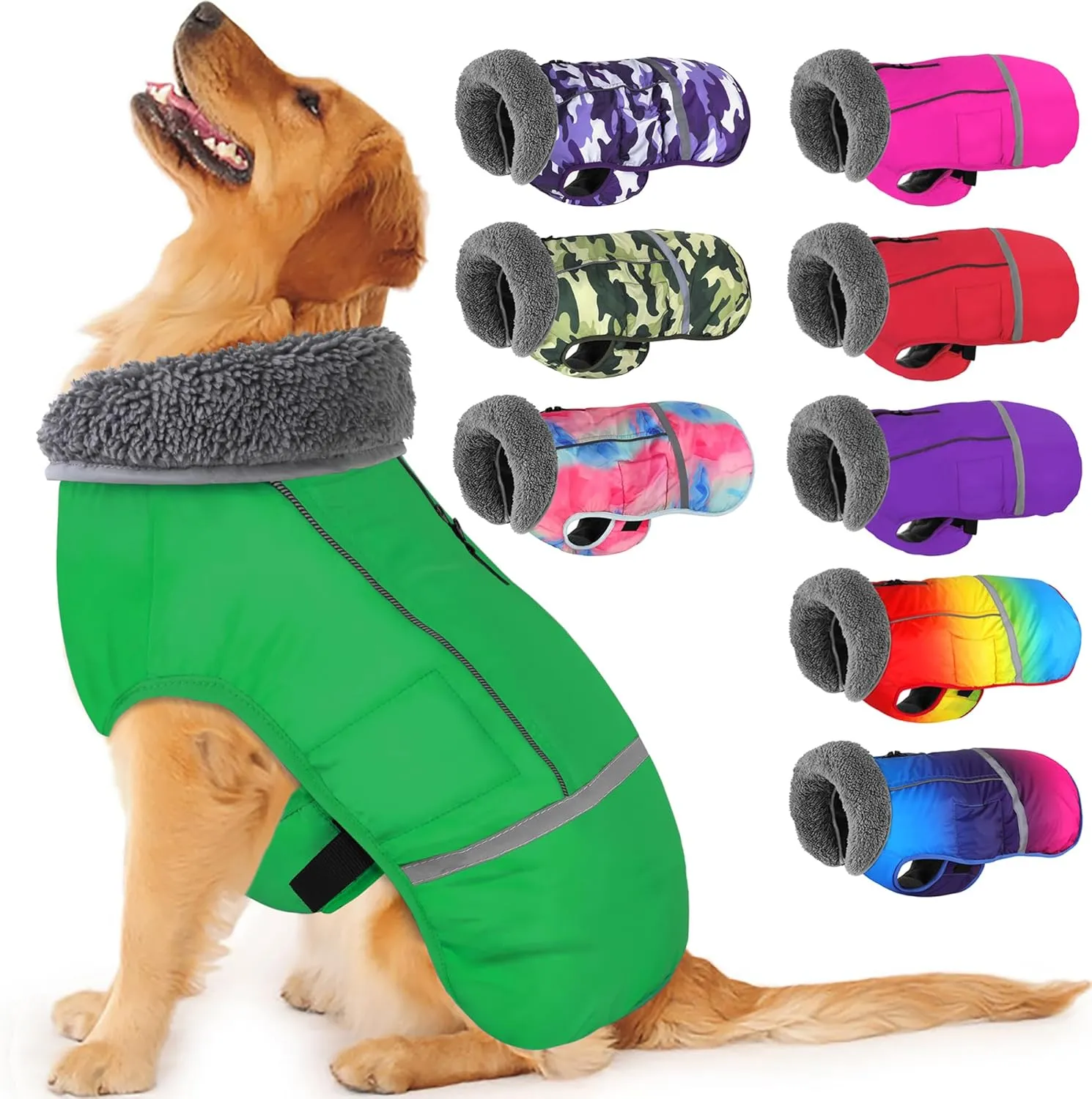 Dogcheer Winter Coat, Waterproof Jacket Adjustable With Buckle, Reflective Snow Jacket Soft Cozy Fleece Vest Sweater for Small Medium Large Dogs - Green XL