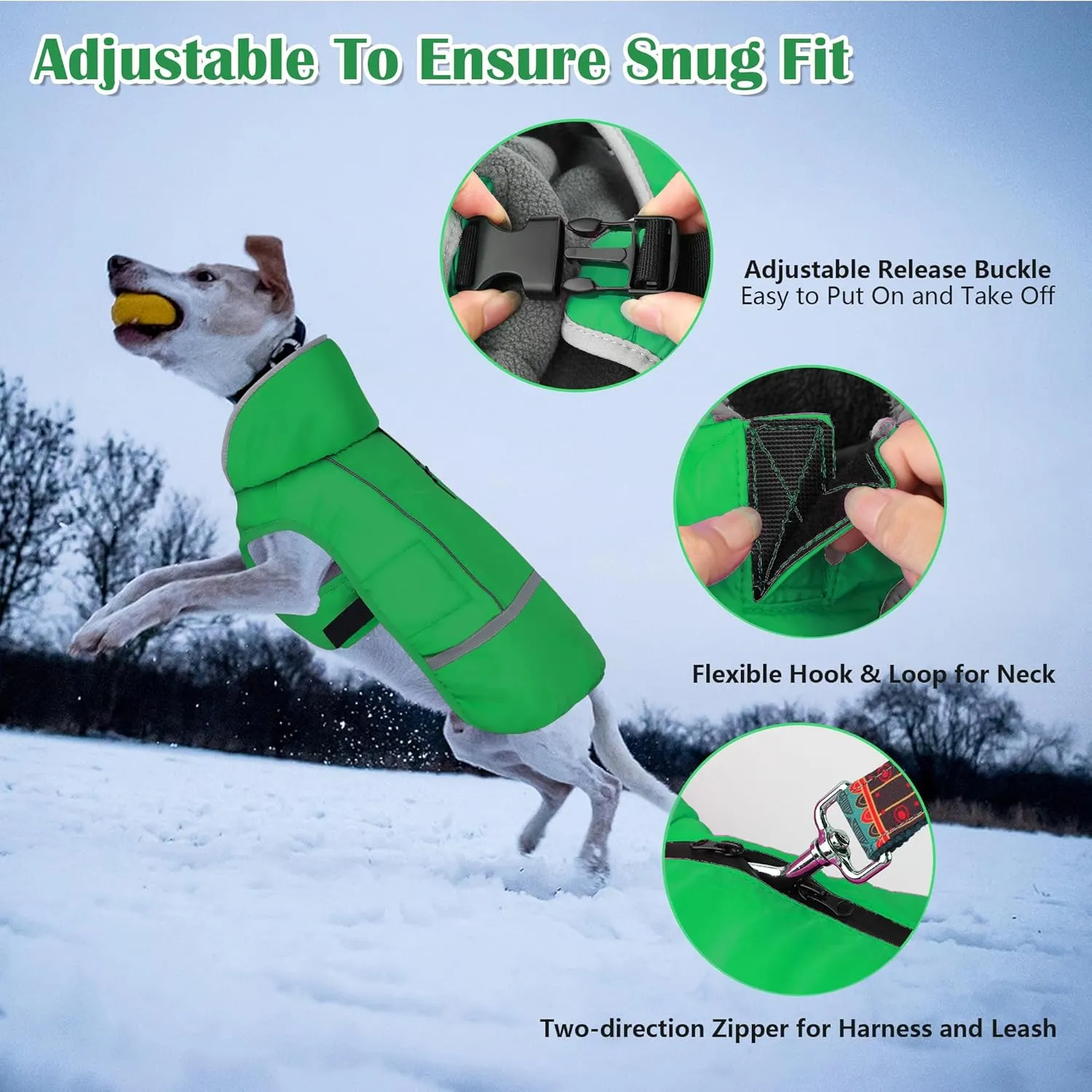 Dogcheer Winter Coat, Waterproof Jacket Adjustable With Buckle, Reflective Snow Jacket Soft Cozy Fleece Vest Sweater for Small Medium Large Dogs - Green XL