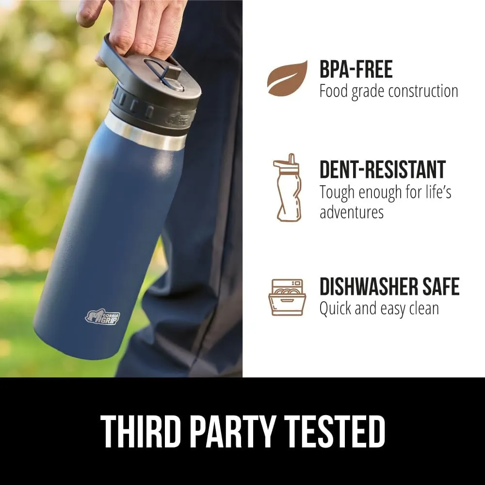 GORILLA GRIP Insulated Stainless Steel Water Bottle with Straw, 32 oz, Leak Proof BPA-Free Reusable Travel Bottles for Sports, School, Keep Drinks Cold, Dent Resistant Tumbler, Dishwasher Safe, Navy