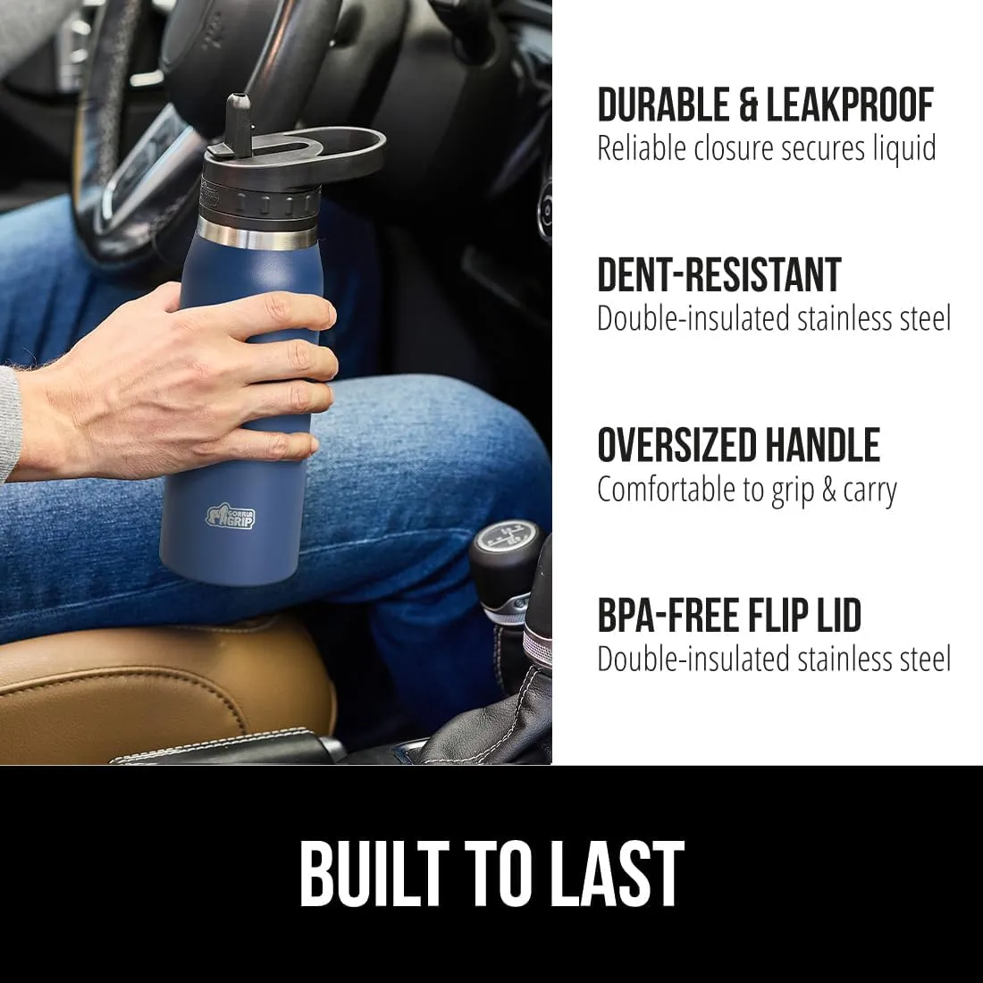 GORILLA GRIP Insulated Stainless Steel Water Bottle with Straw, 32 oz, Leak Proof BPA-Free Reusable Travel Bottles for Sports, School, Keep Drinks Cold, Dent Resistant Tumbler, Dishwasher Safe, Navy
