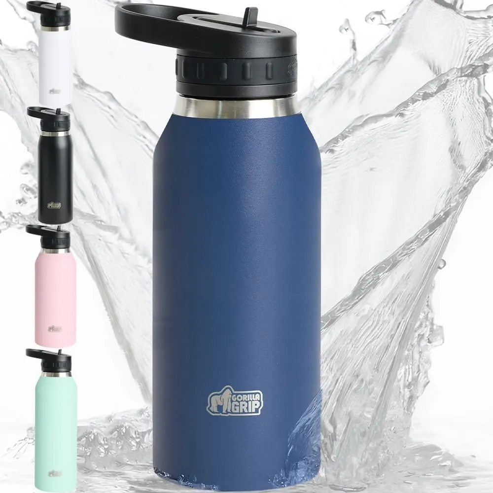 GORILLA GRIP Insulated Stainless Steel Water Bottle with Straw, 32 oz, Leak Proof BPA-Free Reusable Travel Bottles for Sports, School, Keep Drinks Cold, Dent Resistant Tumbler, Dishwasher Safe, Navy