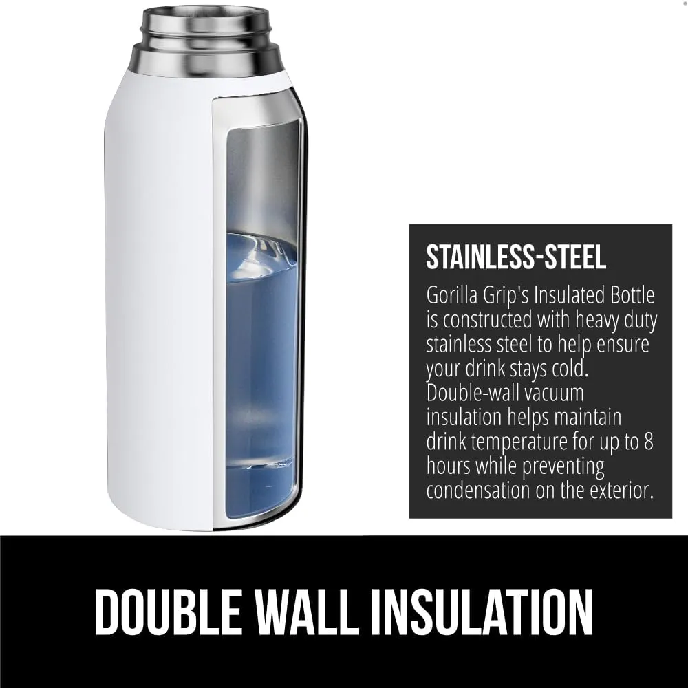 GORILLA GRIP Insulated Stainless Steel Water Bottle with Straw, Leak Proof BPA-Free Reusable Travel Bottles for Sports, School, Keep Drinks Cold, Dent Resistant Tumbler, Dishwasher Safe, 24 oz, White