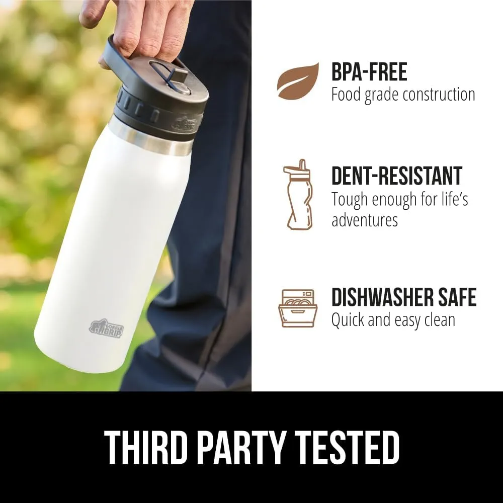 GORILLA GRIP Insulated Stainless Steel Water Bottle with Straw, Leak Proof BPA-Free Reusable Travel Bottles for Sports, School, Keep Drinks Cold, Dent Resistant Tumbler, Dishwasher Safe, 24 oz, White