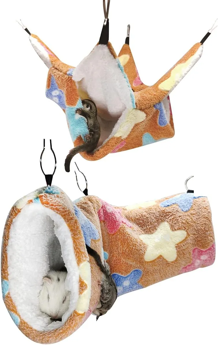 Guinea Pig Ferret Rat Hammock Toy Small Animal Cage Accessories Hideout Tunnel & Bunkbed Hammock for Rat Ferret Guinea Pig Hamster Sugar Glider Chinchilla (Star-Brown)