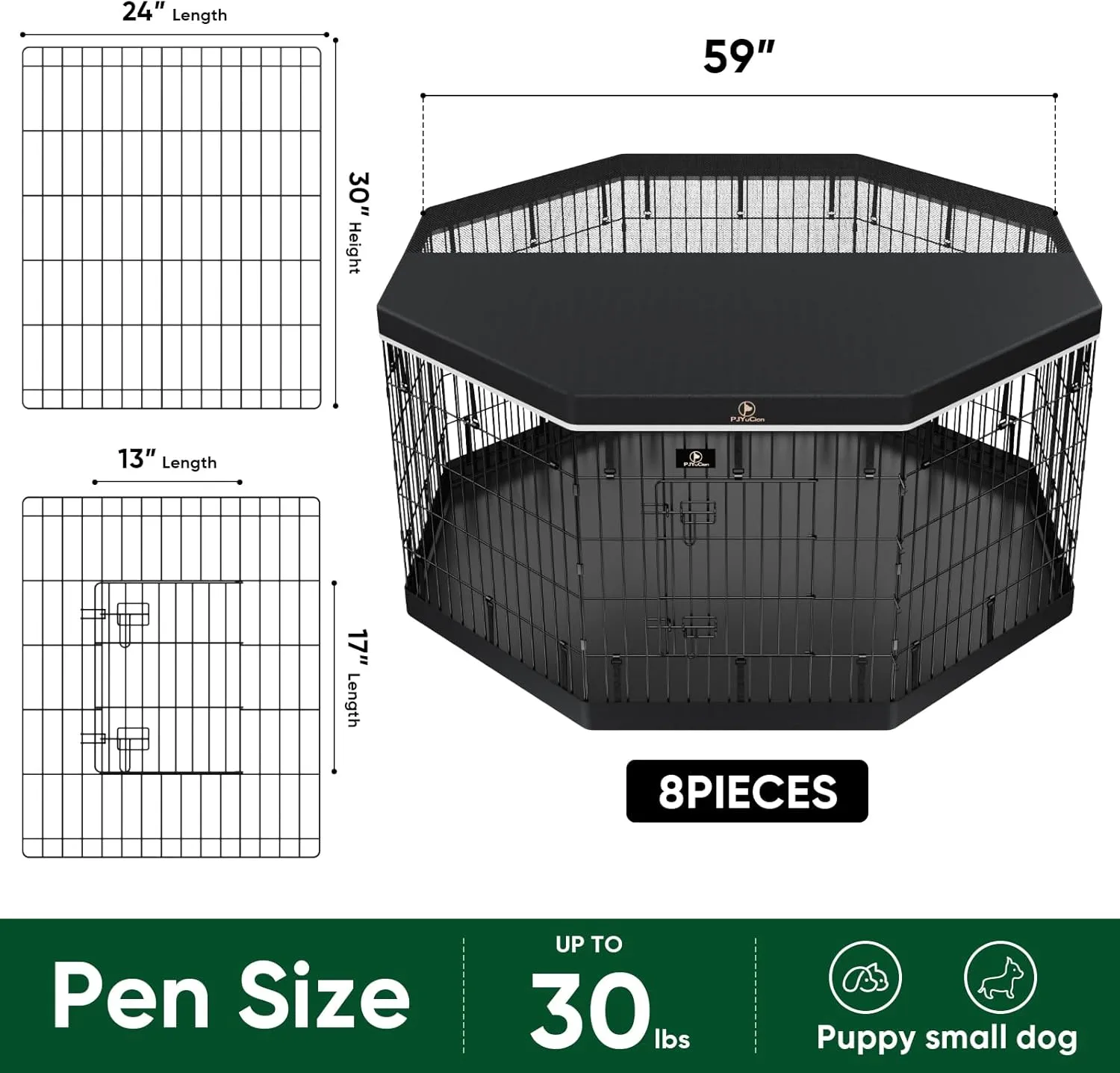 PJYuCien Dog Playpen, 8 Panels 30H Dog Pens Indoor with Bottom Pad and Top Cover, Metal Foldable Pet Puppy Exercise Fence Crate Kennel, Better for Small Animals,Black