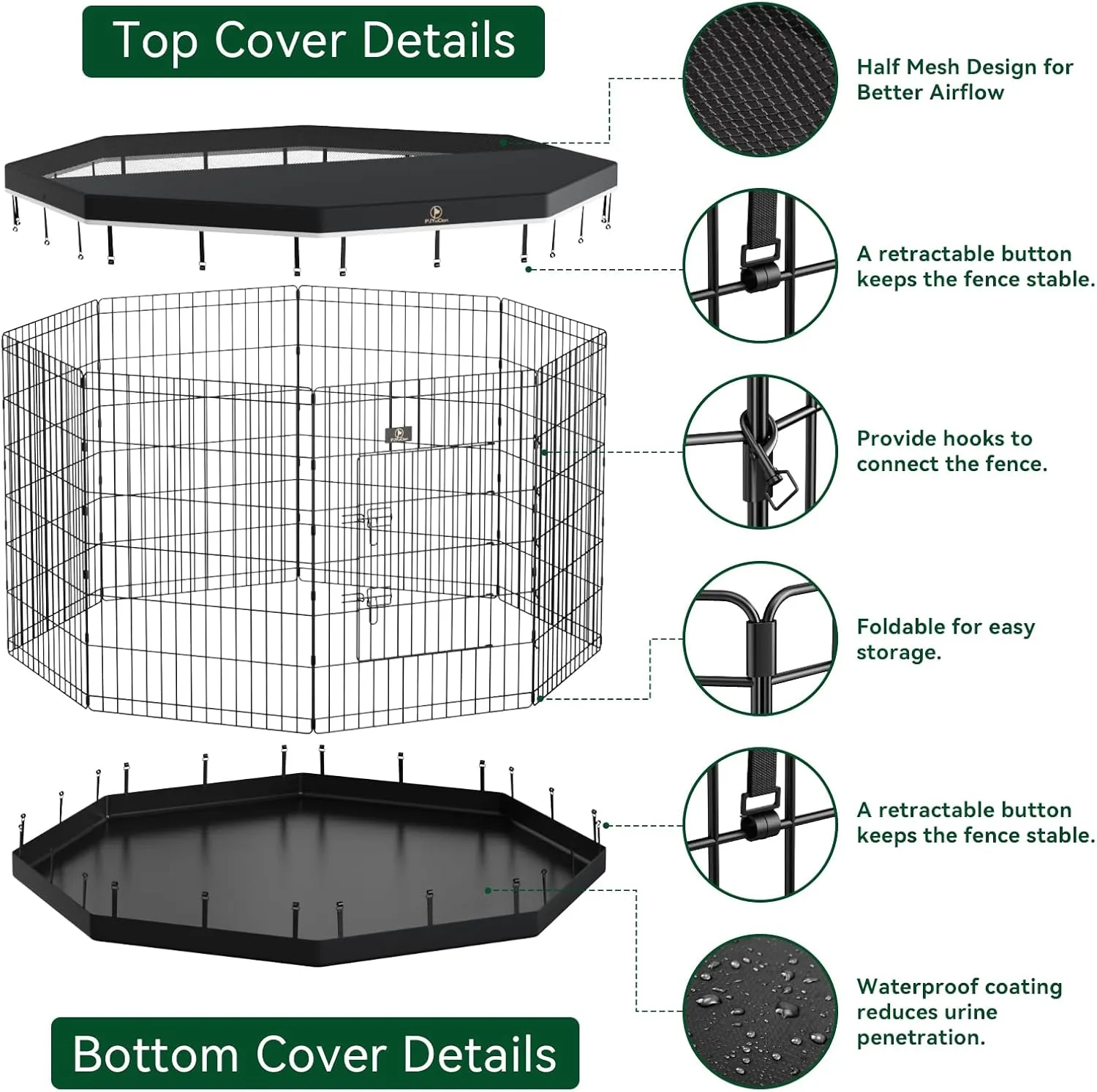 PJYuCien Dog Playpen, 8 Panels 30H Dog Pens Indoor with Bottom Pad and Top Cover, Metal Foldable Pet Puppy Exercise Fence Crate Kennel, Better for Small Animals,Black