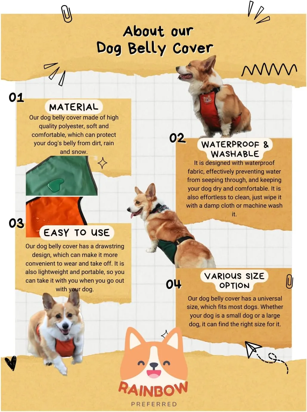 RainbowPreferred Waterproof Dog Belly Protector Belly Cover Raincoat Rain Jacket Belly Band Recovery Suite Apron for Dog Clothes Costume