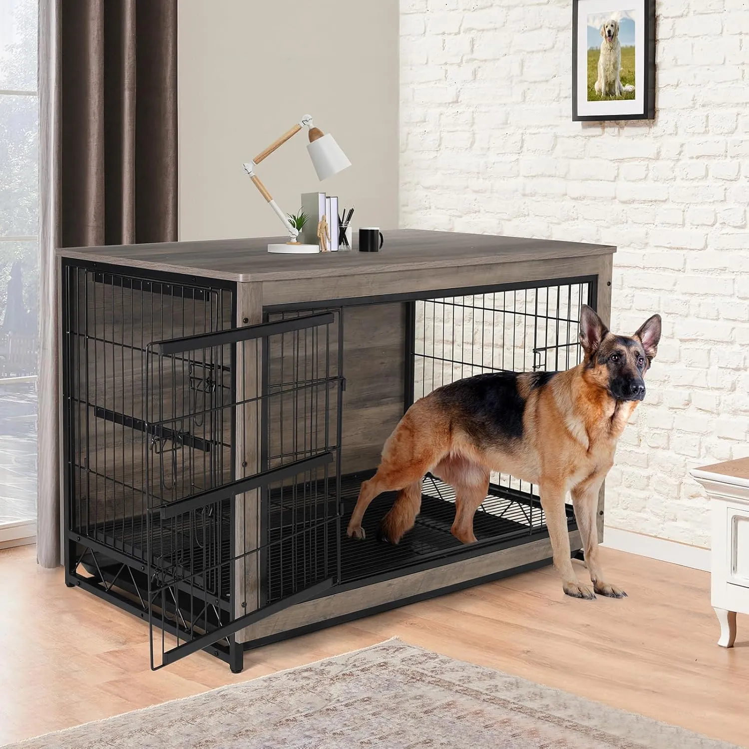 TLSUNNY Dog Crate Furniture, Wooden Side End Table, Modern Dog Kennel with Double Doors, Heavy-Duty Dog Cage with Pull-Out Removable Tray, Indoor Medium/Large Pet (Greige, 44.1"L x 29.5"W x 32.3"H)