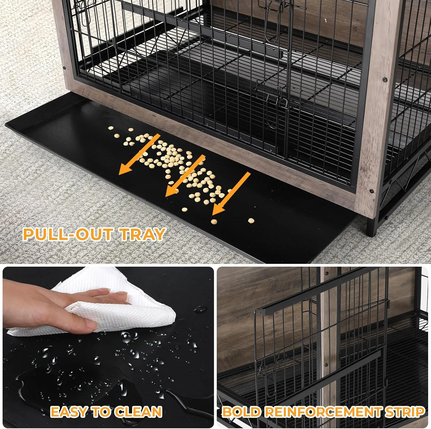 TLSUNNY Dog Crate Furniture, Wooden Side End Table, Modern Dog Kennel with Double Doors, Heavy-Duty Dog Cage with Pull-Out Removable Tray, Indoor Medium/Large Pet (Greige, 44.1"L x 29.5"W x 32.3"H)