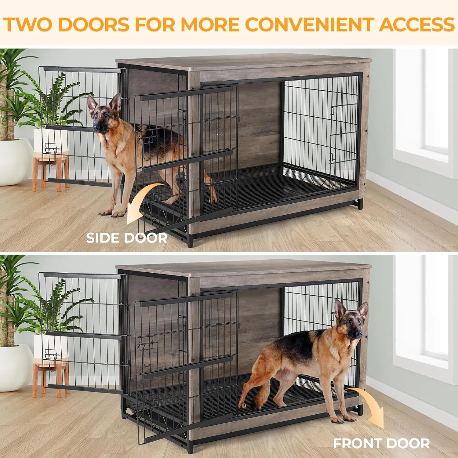 TLSUNNY Dog Crate Furniture, Wooden Side End Table, Modern Dog Kennel with Double Doors, Heavy-Duty Dog Cage with Pull-Out Removable Tray, Indoor Medium/Large Pet (Greige, 44.1"L x 29.5"W x 32.3"H)