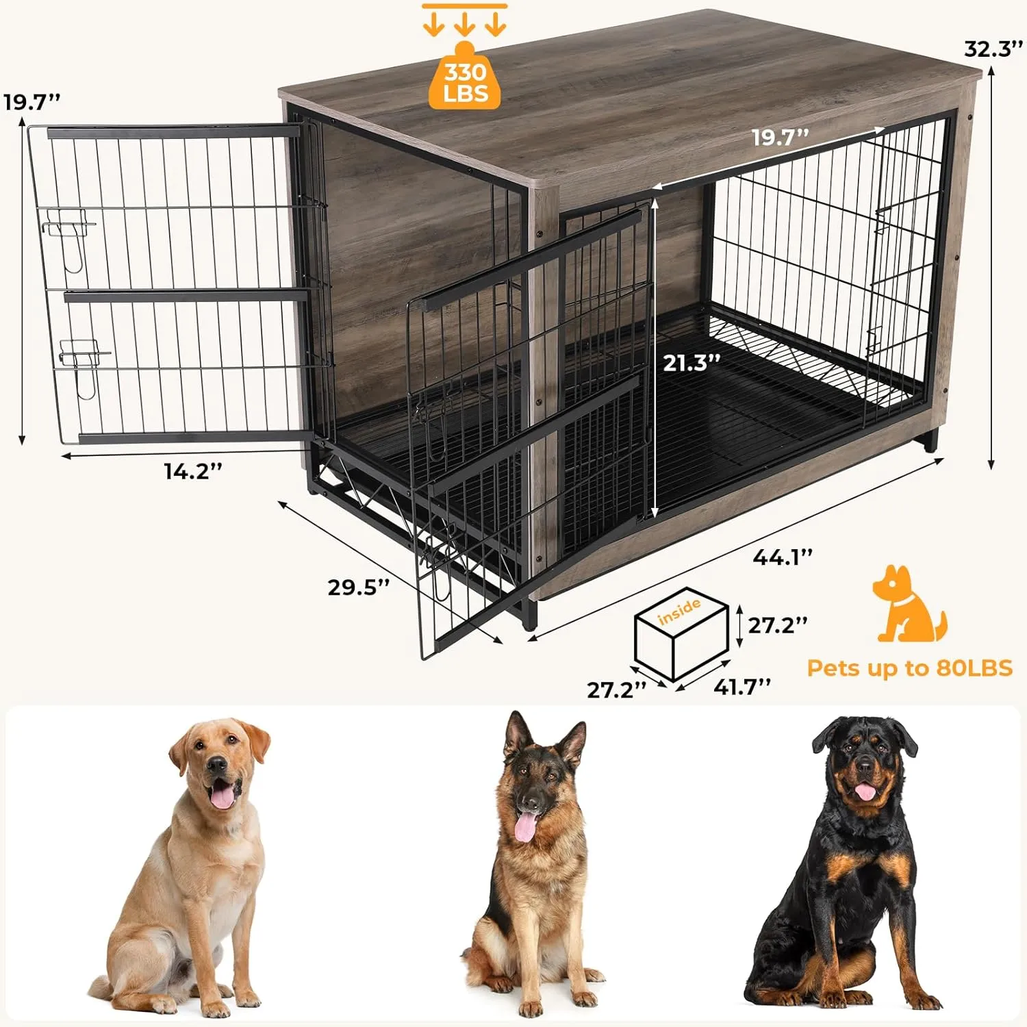 TLSUNNY Dog Crate Furniture, Wooden Side End Table, Modern Dog Kennel with Double Doors, Heavy-Duty Dog Cage with Pull-Out Removable Tray, Indoor Medium/Large Pet (Greige, 44.1"L x 29.5"W x 32.3"H)