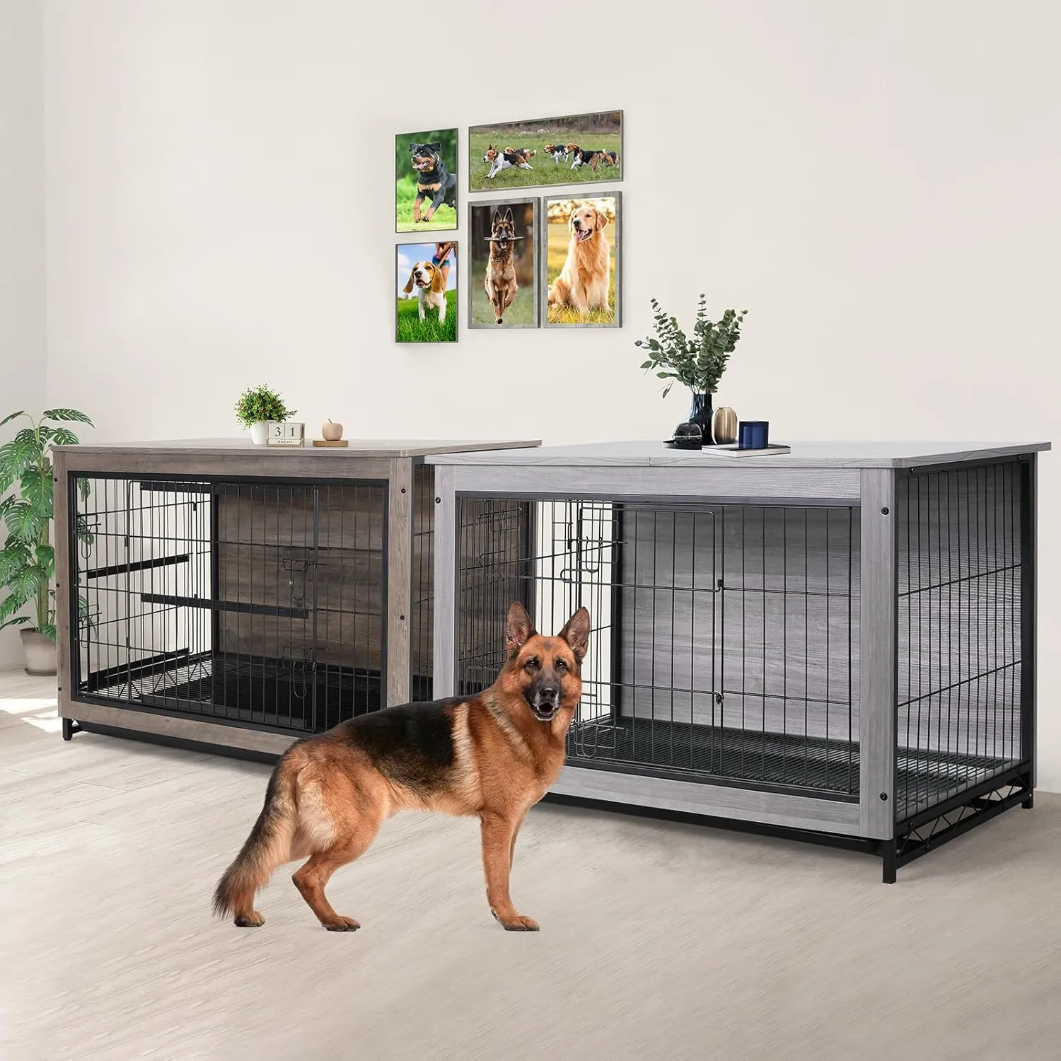 TLSUNNY Dog Crate Furniture, Wooden Side End Table, Modern Dog Kennel with Double Doors, Heavy-Duty Dog Cage with Pull-Out Removable Tray, Indoor Medium/Large Pet (Greige, 44.1"L x 29.5"W x 32.3"H)