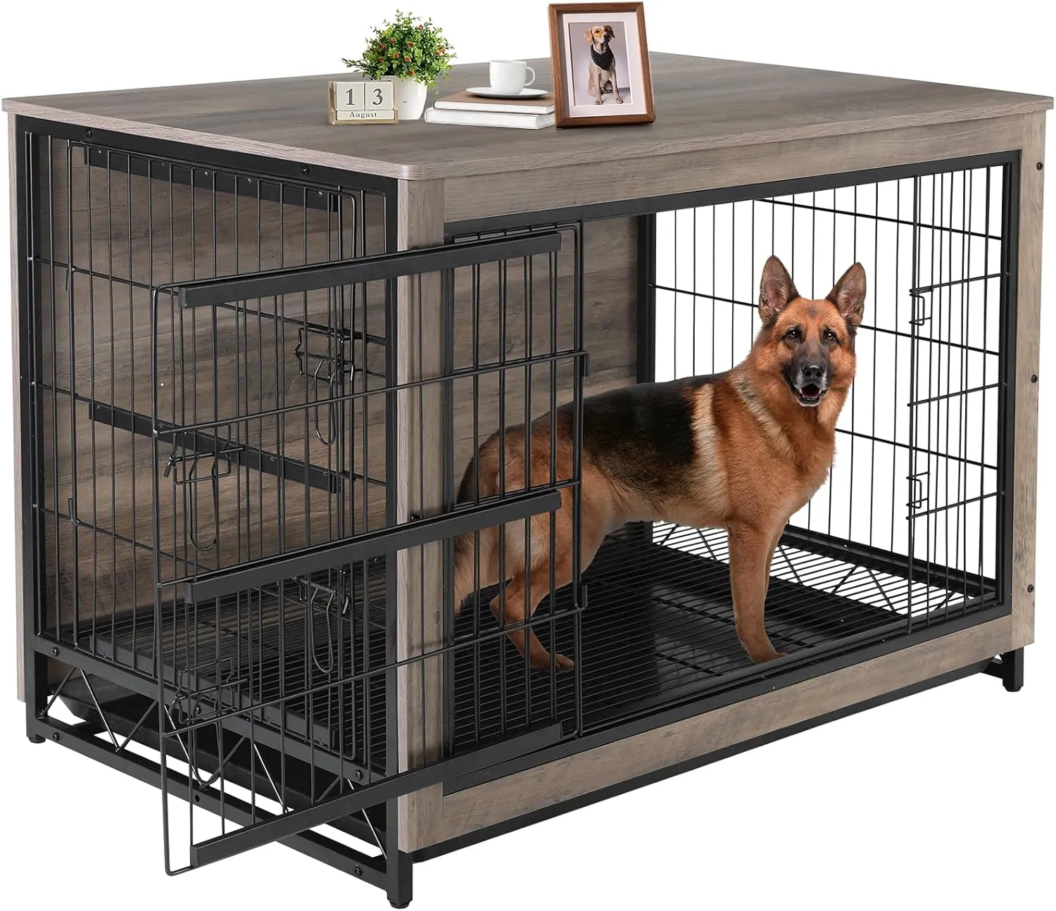 TLSUNNY Dog Crate Furniture, Wooden Side End Table, Modern Dog Kennel with Double Doors, Heavy-Duty Dog Cage with Pull-Out Removable Tray, Indoor Medium/Large Pet (Greige, 44.1"L x 29.5"W x 32.3"H)