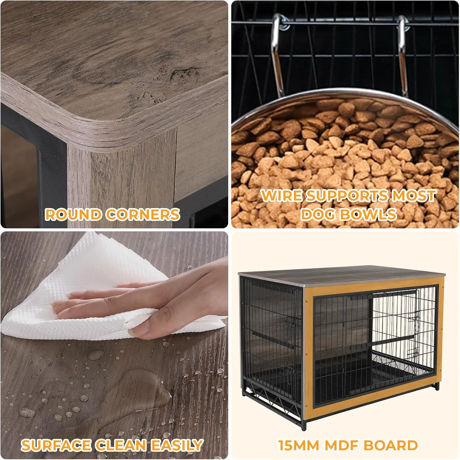 TLSUNNY Dog Crate Furniture, Wooden Side End Table, Modern Dog Kennel with Double Doors, Heavy-Duty Dog Cage with Pull-Out Removable Tray, Indoor Medium/Large Pet (Greige, 44.1"L x 29.5"W x 32.3"H)